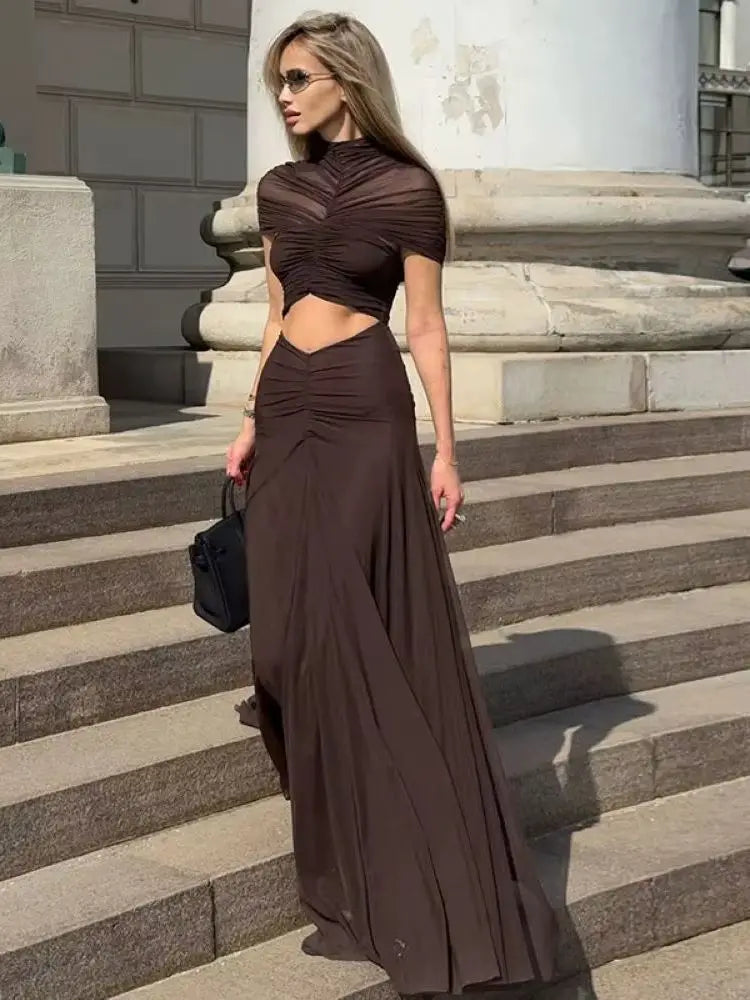 Elegant Brown Long Dress Sexy Women's Mesh Ruched Curvy Black High Waist Maxi Dresses Evening Party Wedding Guest Summer Prom