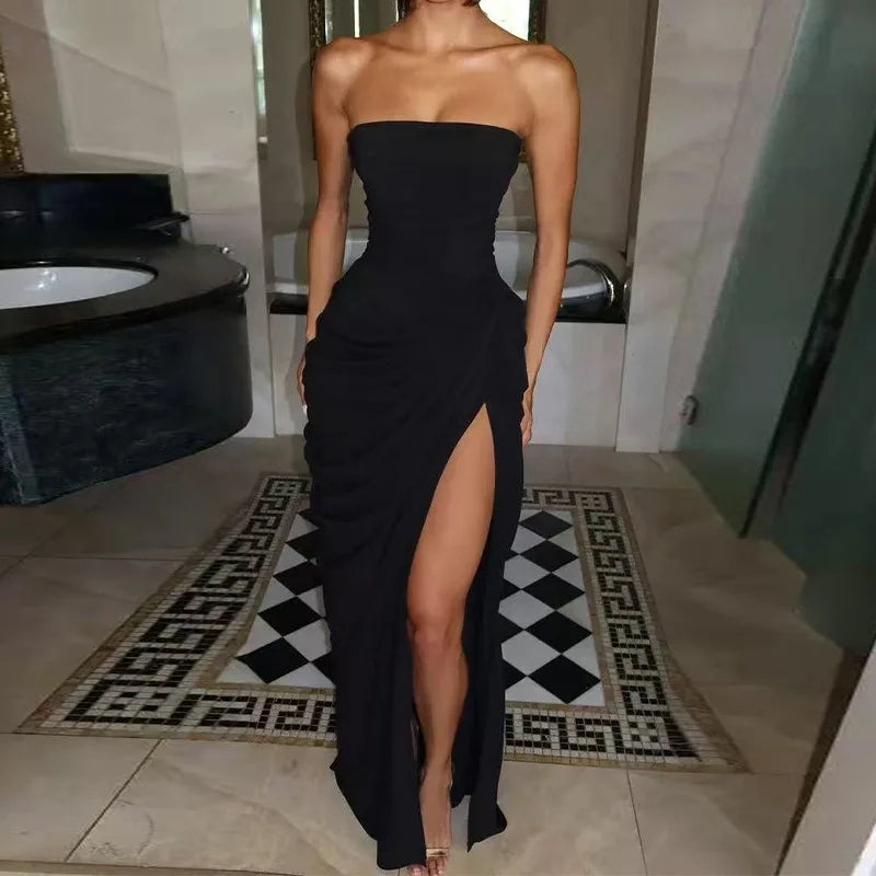 Summer Women Sexy Solid Pleated Strapless Dress Off Shoulder Backless High Waist Split Evening Party Gown