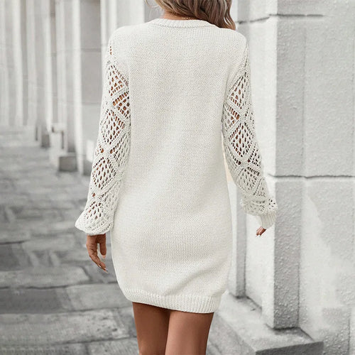 Fashion Knitted Dress Autumn Winter Casual Versatile V-neck Long Sleeved Hollow Solid Color Sweater Elegant Commuter Women Wear