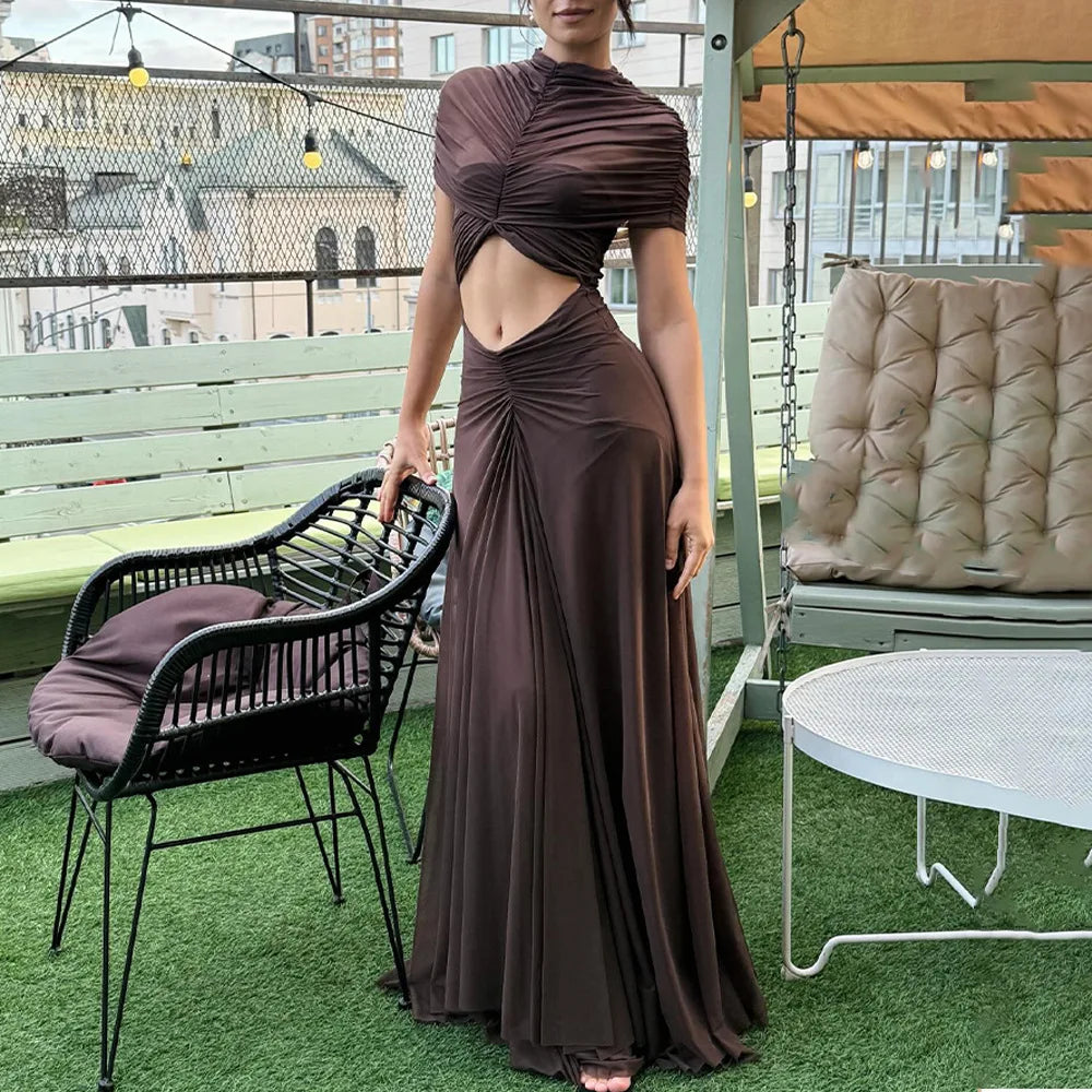Elegant Brown Long Dress Sexy Women's Mesh Ruched Curvy Black High Waist Maxi Dresses Evening Party Wedding Guest Summer Prom