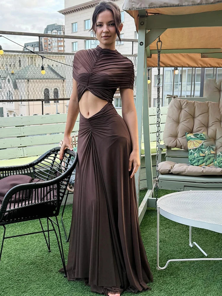 Elegant Brown Long Dress Sexy Women's Mesh Ruched Curvy Black High Waist Maxi Dresses Evening Party Wedding Guest Summer Prom