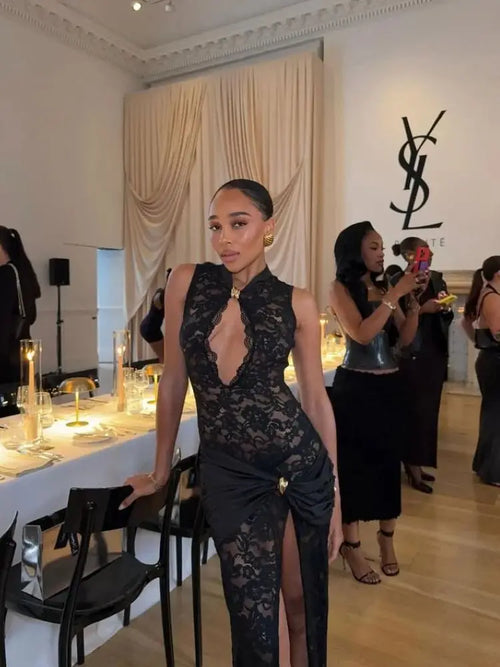 Elegant Lace Bodycon Long Dress Sexy Women's Hollow Out Split Sleeveless Tight Dresses Summer Evening Party Black Burgundy White