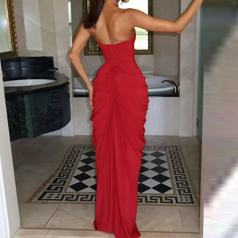 Summer Women Sexy Solid Pleated Strapless Dress Off Shoulder Backless High Waist Split Evening Party Gown