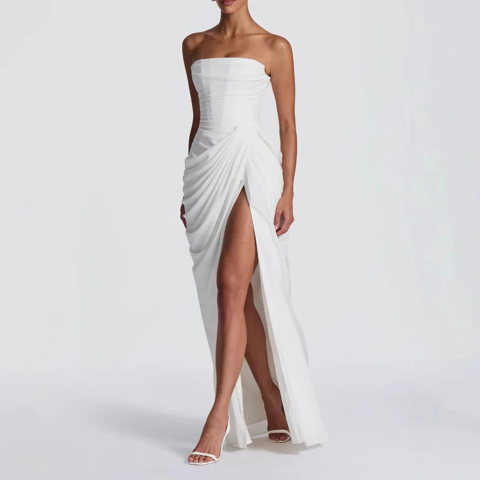 Summer Women Sexy Solid Pleated Strapless Dress Off Shoulder Backless High Waist Split Evening Party Gown