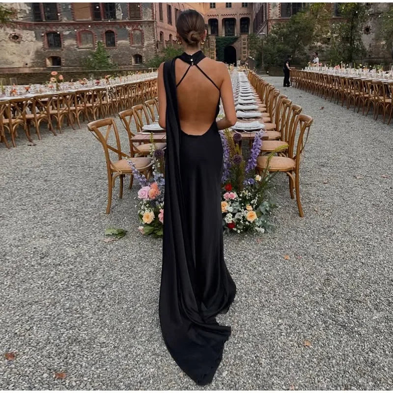 Satin Ribbon Long Dresses Women's Backless Casual Silk Dress Evening Wedding Guest Blue Green Black Yellow Red Pink Summer Prom