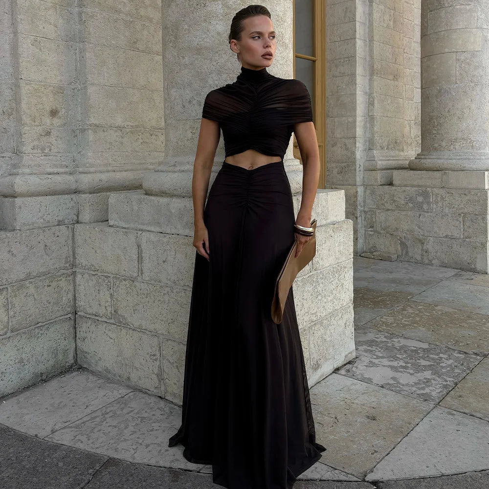 Elegant Brown Long Dress Sexy Women's Mesh Ruched Curvy Black High Waist Maxi Dresses Evening Party Wedding Guest Summer Prom
