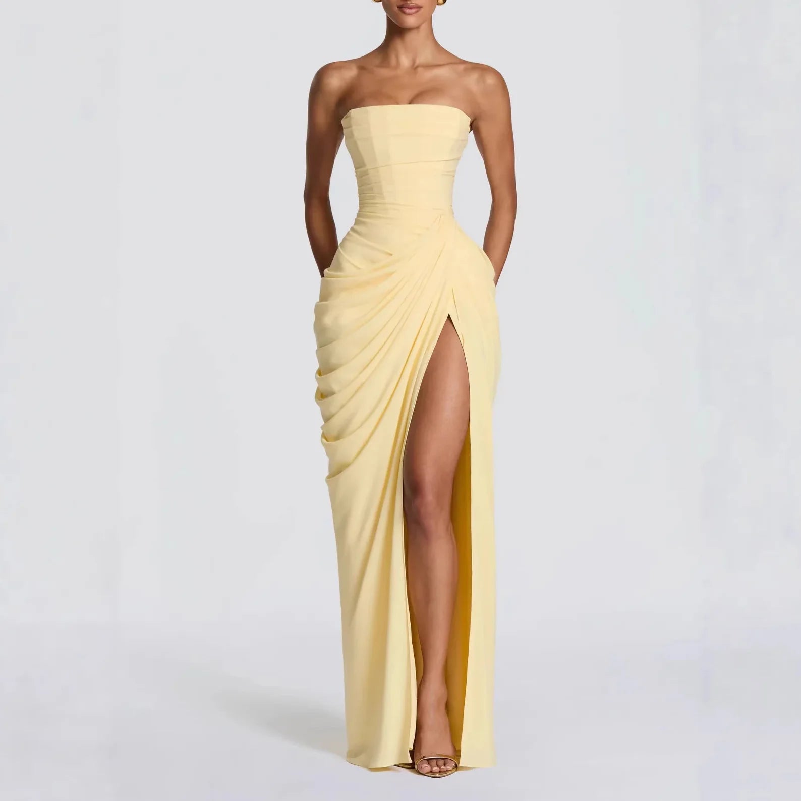 Summer Women Sexy Solid Pleated Strapless Dress Off Shoulder Backless High Waist Split Evening Party Gown