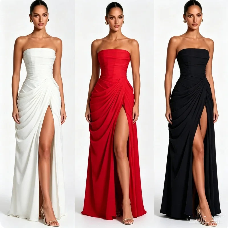 Summer Women Sexy Solid Pleated Strapless Dress Off Shoulder Backless High Waist Split Evening Party Gown