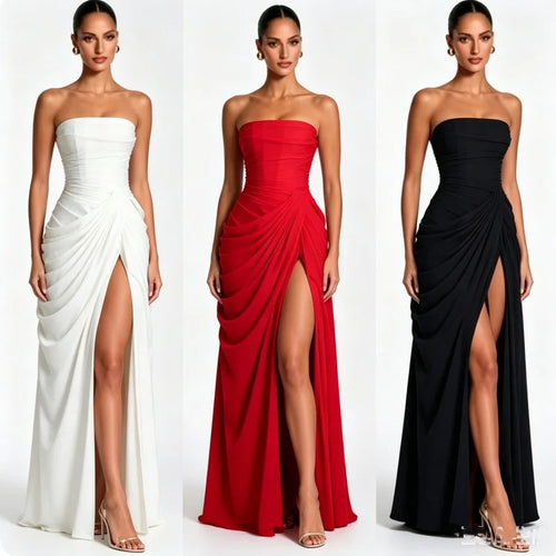 Summer Women Sexy Solid Pleated Strapless Dress Off Shoulder Backless High Waist Split Evening Party Gown