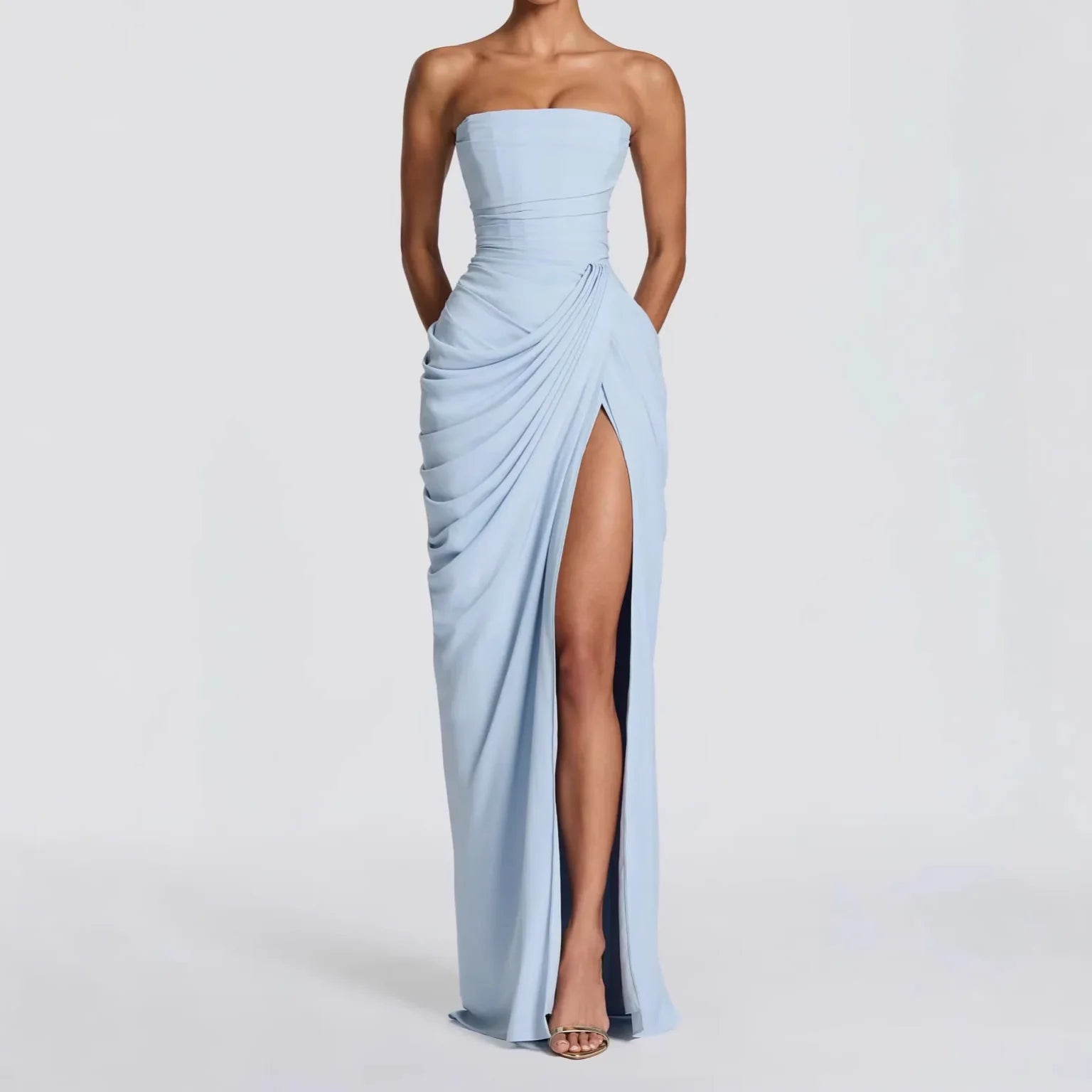 Summer Women Sexy Solid Pleated Strapless Dress Off Shoulder Backless High Waist Split Evening Party Gown
